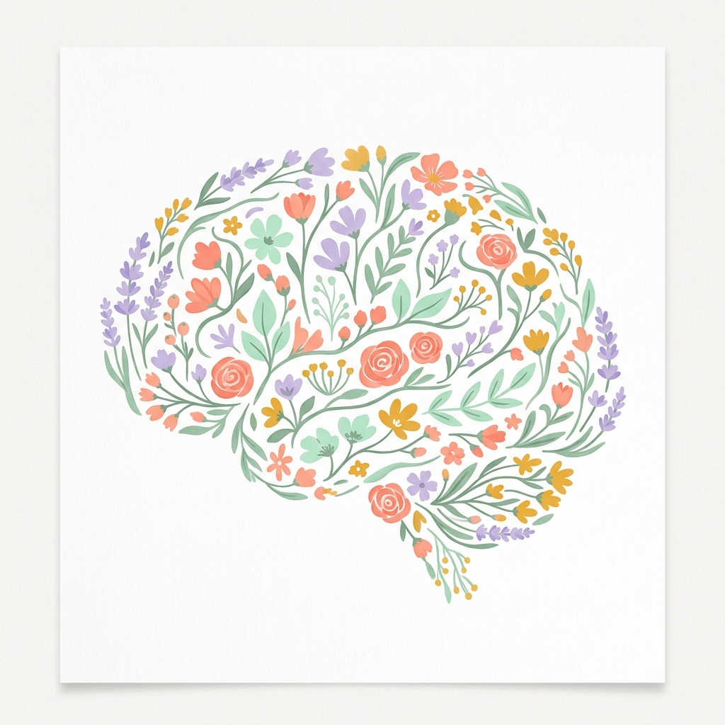 A brain made of colorful flowers representing mental growth