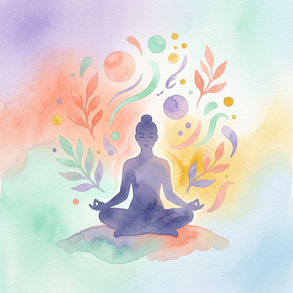 A serene meditation illustration with colorful abstract shapes